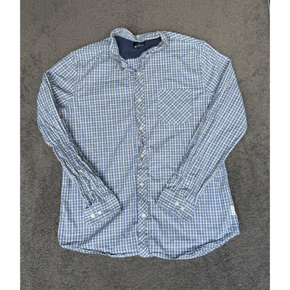 Ben Sherman Mens Large Blue Gingham Check Long Sleeve Stretch Button Down Shirt
